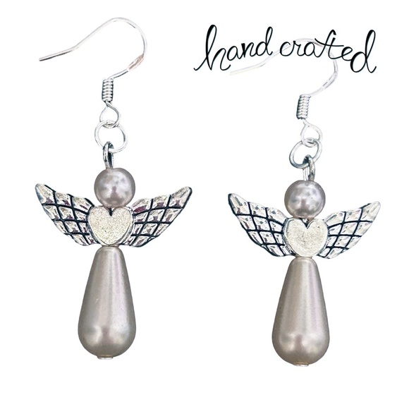 Hand Crafted Drop Earrings 3-D Articulating Angel Ivory Pearl Silver Plate Wires - Picture 1 of 6